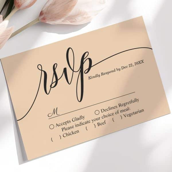 Beige Rsvp Card With Black Script Lettering.
