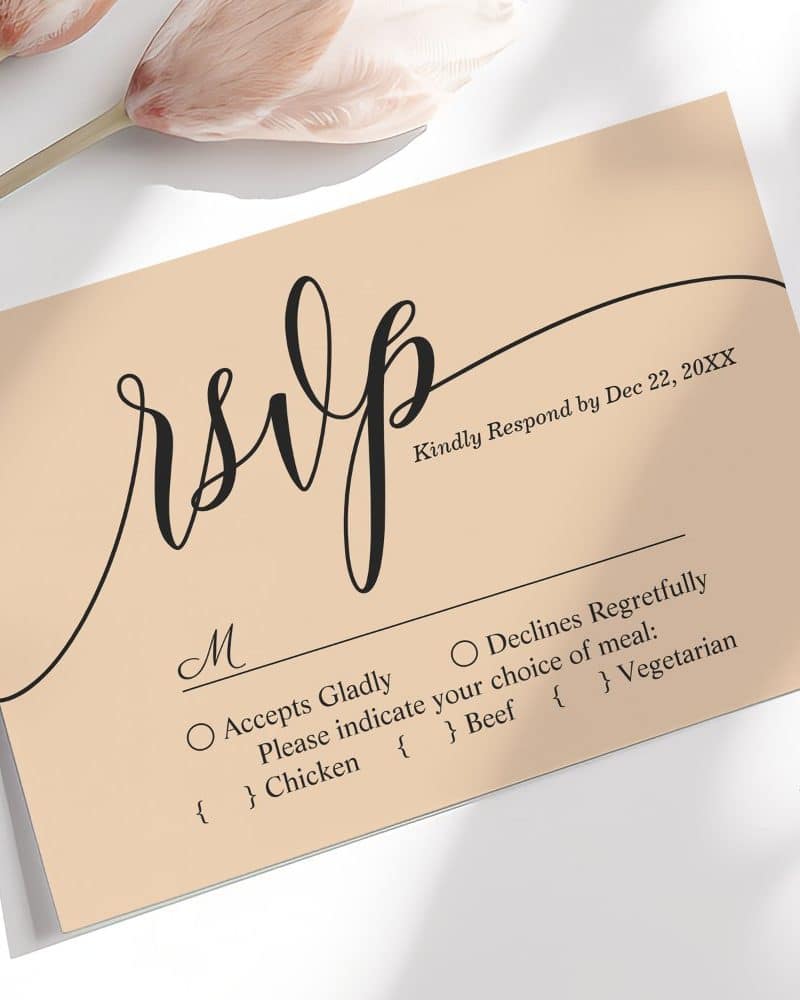 Beige RSVP card with black script lettering.