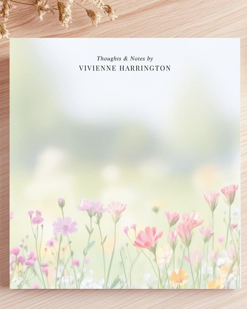 Floral notepad with Vivienne Harrington's name.