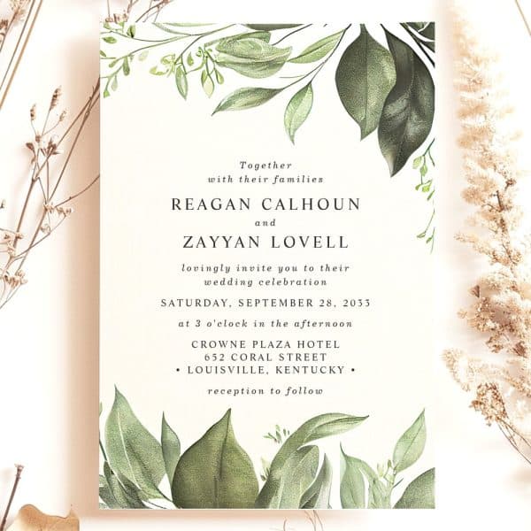 Wedding Invitation For Reagan Calhoun And Zayyan Lovell, Featuring A Leafy Botanical Design.