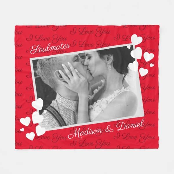 Red Blanket With A Black And White Photo Of A Kissing Couple, Names Madison &Amp; Daniel, And The Words I Love You And Soulmates.