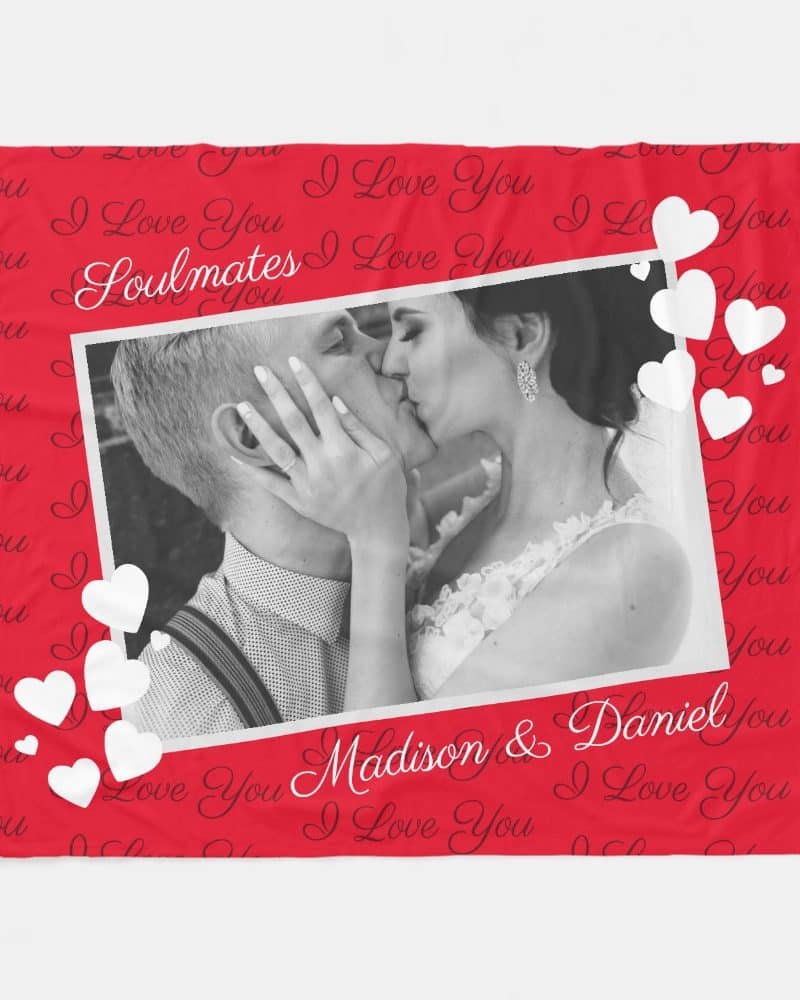 Red blanket with a black and white photo of a kissing couple, names Madison & Daniel, and the words I Love You and Soulmates.