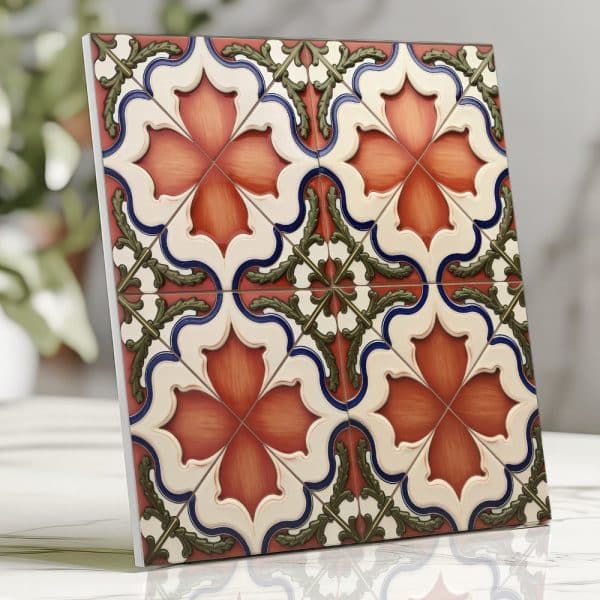 Ornate Square Tile With A Repeating Pattern Of Reddish-Orange Flowers And Green-Blue Foliage On A Cream Background.