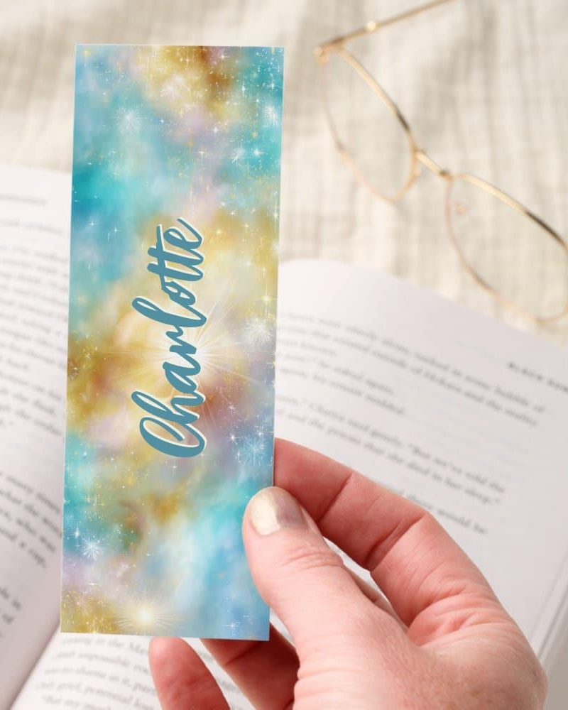 Sparkling Celestial Light Blue Gold Personalized Bookmarks