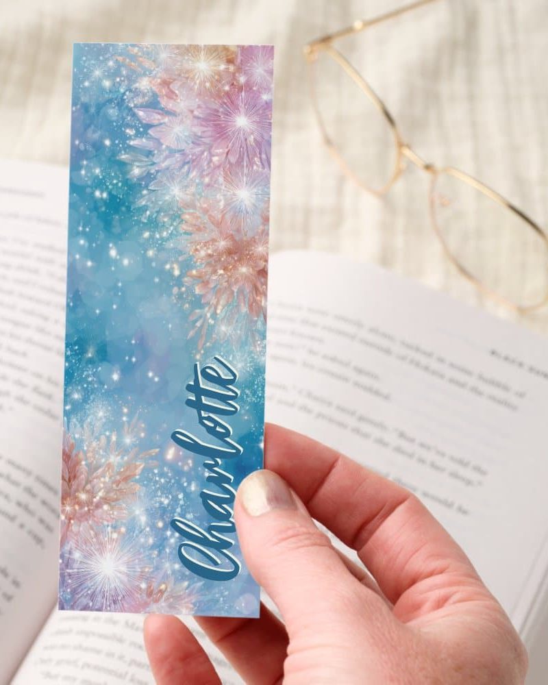 Sparkling Crystal Flowers Blue Personalized Bookmarks