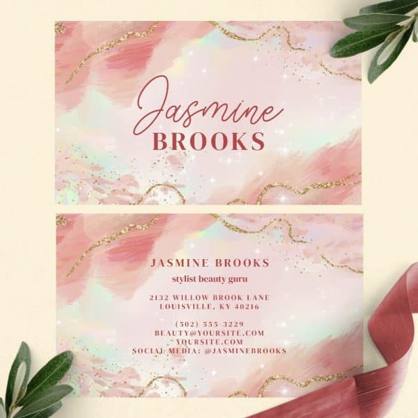 Pink And Gold Business Card For Jasmine Brooks, Stylist Beauty Guru.