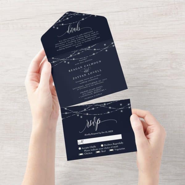 Navy Blue Wedding Invitation With String Lights Design; Includes Rsvp Card.
