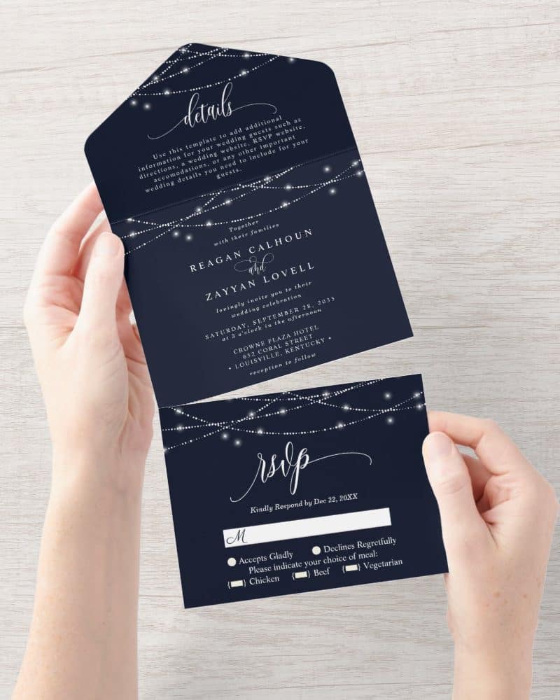 Navy blue wedding invitation with string lights design; includes RSVP card.