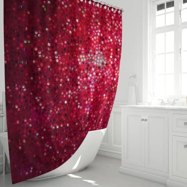 Red Shower Curtain With A Sparkly Dotted Pattern.