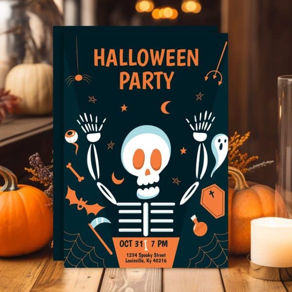 Halloween Party Invitation Featuring A Cartoon Skeleton.