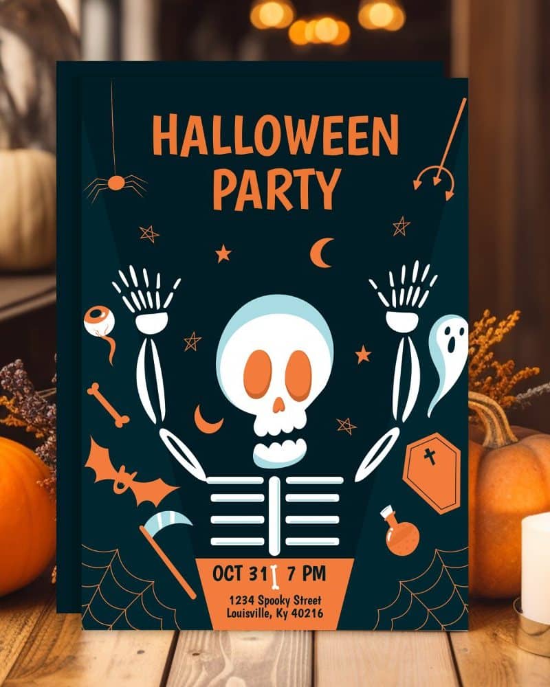 Halloween party invitation featuring a cartoon skeleton.