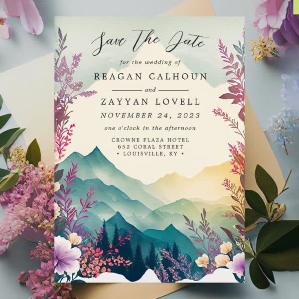 Save The Date For The Wedding Of Reagan Calhoun And Zayyan Lovell, November 24, 2023, At The Crowne Plaza Hotel In Louisville, Kentucky. The Design Features A Watercolor Landscape Of Mountains And Flowers.