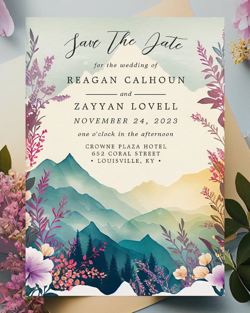 Save the date for the wedding of Reagan Calhoun and Zayyan Lovell, November 24, 2023, at the Crowne Plaza Hotel in Louisville, Kentucky. The design features a watercolor landscape of mountains and flowers.