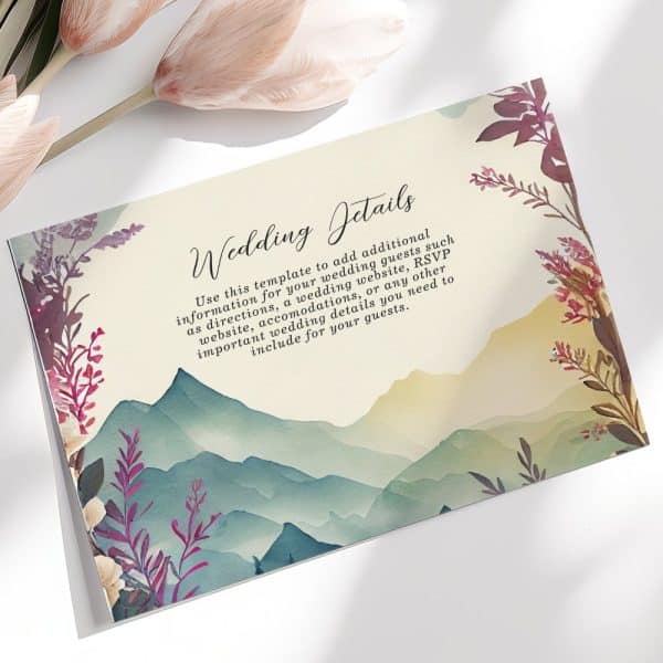 Wedding Details Card With Watercolor Mountain Range And Floral Design.