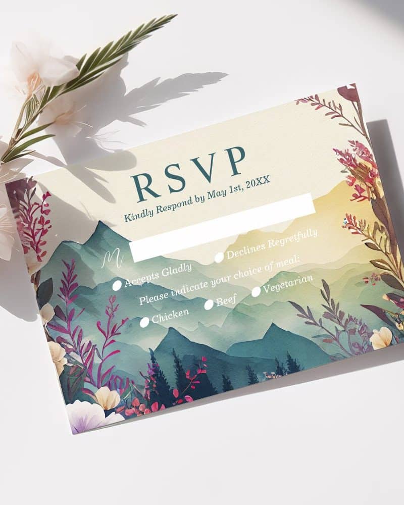RSVP card with mountain and floral design; includes options to accept or decline, and meal choices.