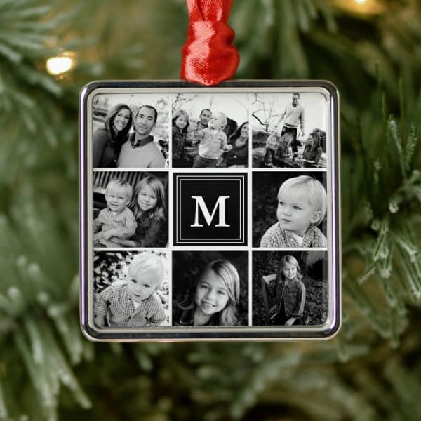 Silver Square Christmas Ornament Featuring A Collage Of Black And White Family Photos And A Central Monogram.