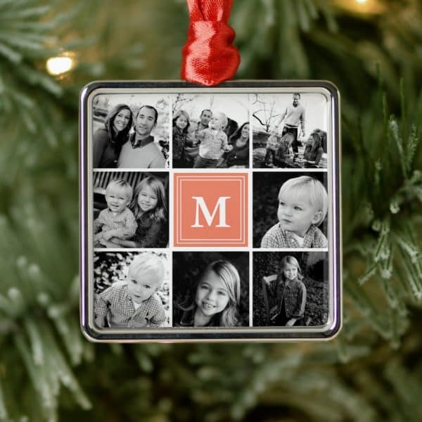 Square Christmas Ornament Featuring A Collage Of Black And White Family Photos, With A Coral 'M' Monogram In The Center.