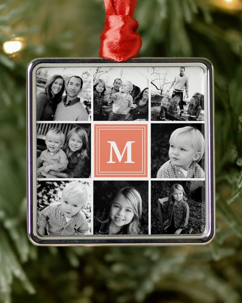 Square Christmas ornament featuring a collage of black and white family photos, with a coral 'M' monogram in the center.