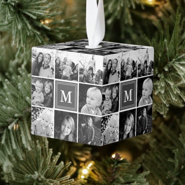 Black And White Photo Cube Christmas Ornament Featuring Family Photos And The Initial M.