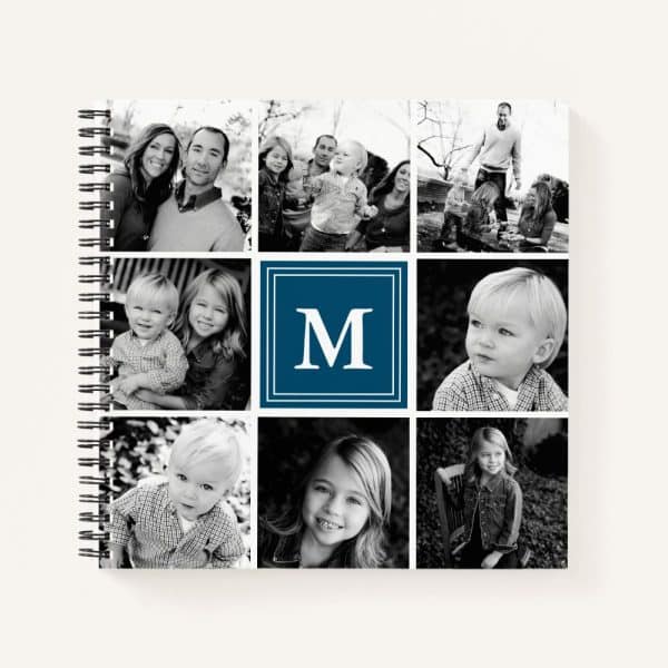 Spiral-Bound Photo Album Featuring A Collage Of Black And White Family Photos, Centered Around A Navy Blue Square Monogrammed With The Letter M.