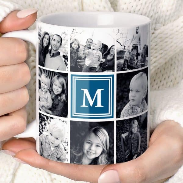 A White Coffee Mug Displaying A Photo Collage Of A Family, Predominantly In Black And White, Featuring A Central Blue Square With The Letter M.