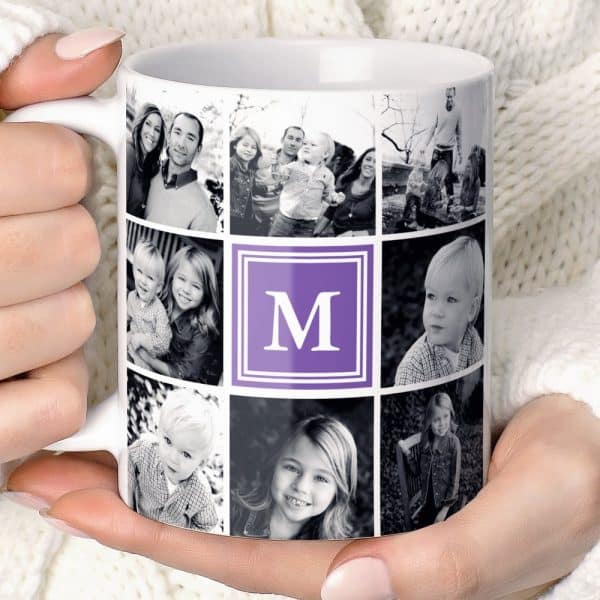 A White Coffee Mug Displaying A Photo Collage Of A Family, Predominantly In Black And White, With A Purple Monogram In The Center.
