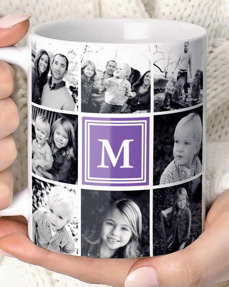 A white coffee mug displaying a photo collage of a family, predominantly in black and white, with a purple monogram in the center.