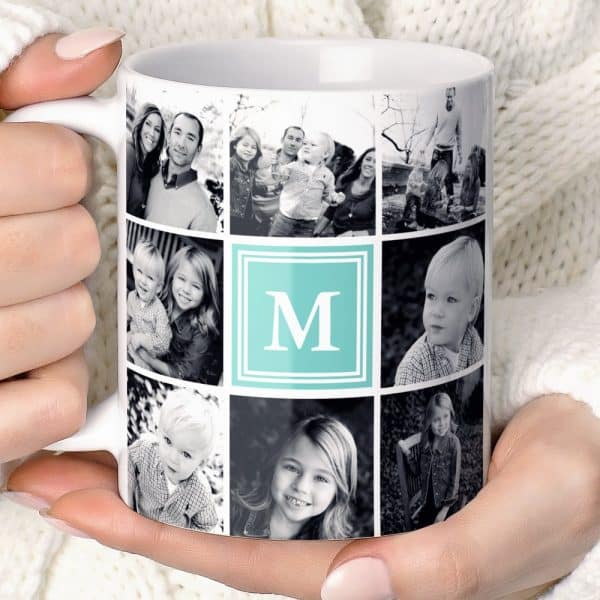 A White Coffee Mug Displays A Photo Collage Of A Family, Primarily In Black And White, With A Teal Monogram &Quot;M&Quot; In The Center.