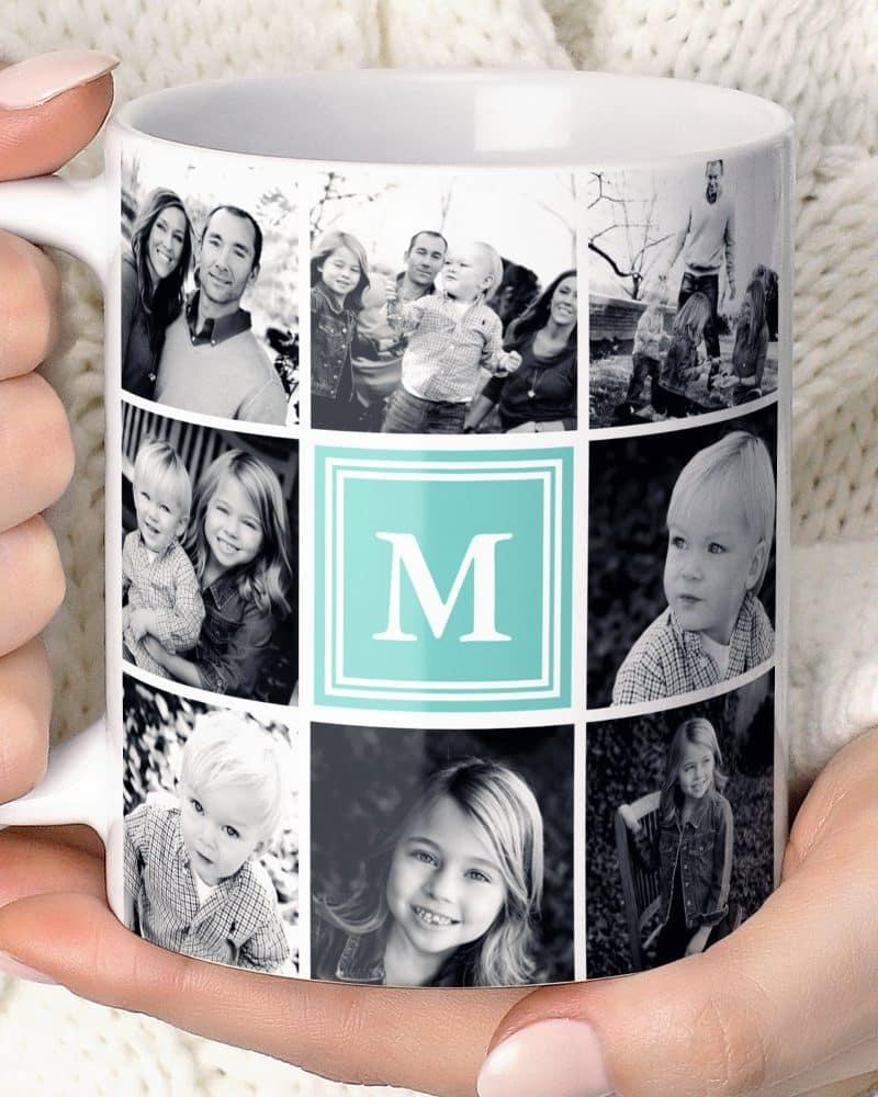 A white coffee mug displays a photo collage of a family, primarily in black and white, with a teal monogram "M" in the center.
