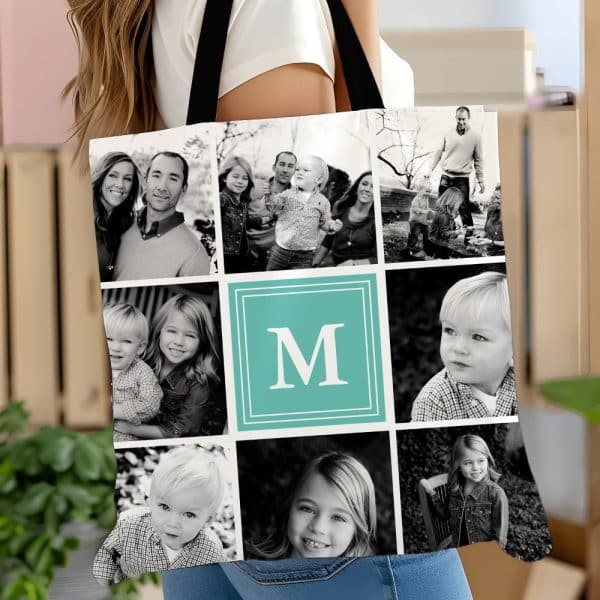 A Tote Bag Featuring A Collage Of Black And White Family Photos, Centered With A Teal Monogram &Quot;M&Quot;.