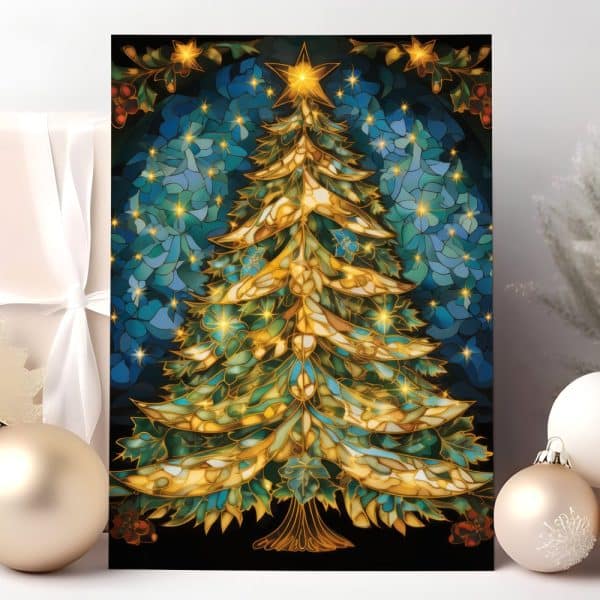 A Gold And Teal Stained-Glass Style Christmas Tree.