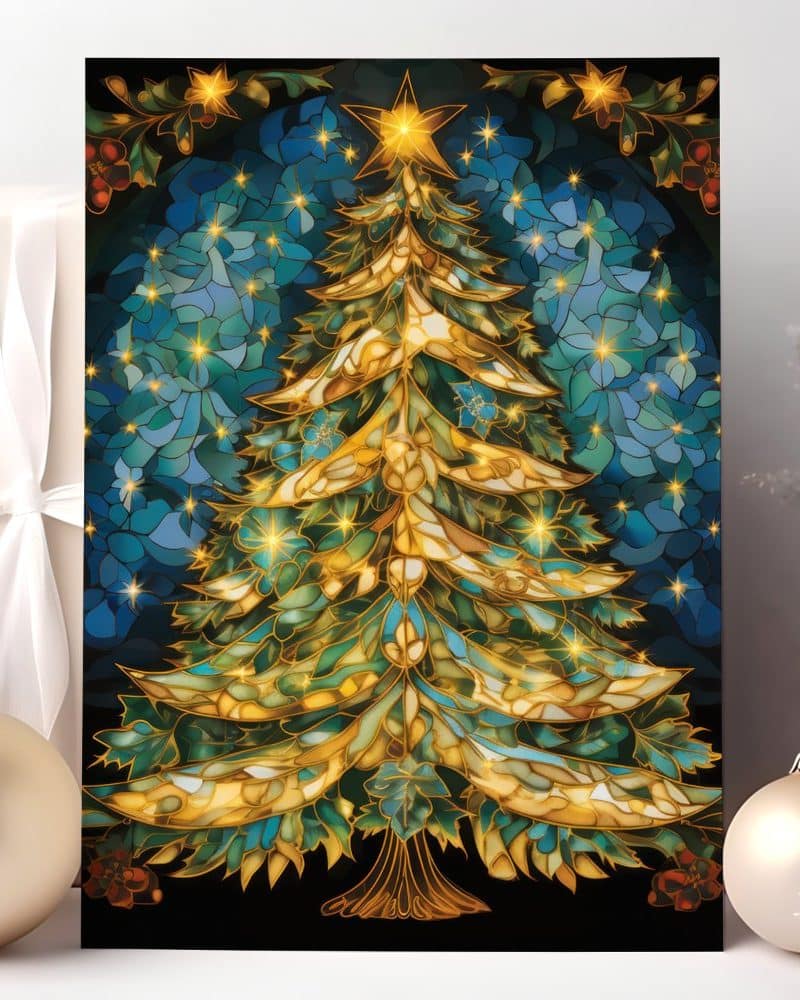 A gold and teal stained-glass style Christmas tree.