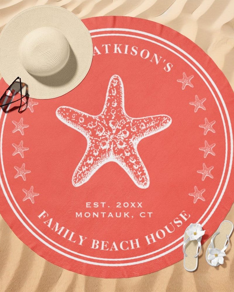 Coral round beach towel with a starfish design, family name, and location.