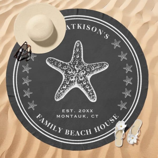 Dark Gray Round Beach Towel With A White Starfish And The Words Atkison'S Family Beach House.