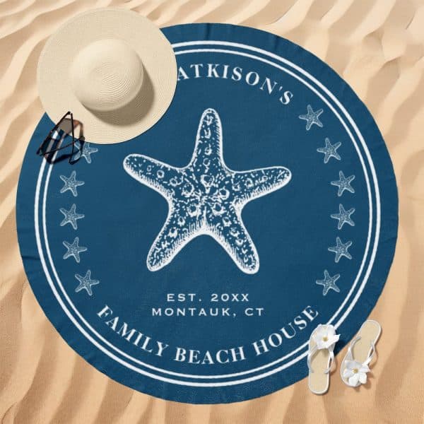 Dark Blue Round Beach Towel With A Starfish Design, Family Name, And Beach House Text.