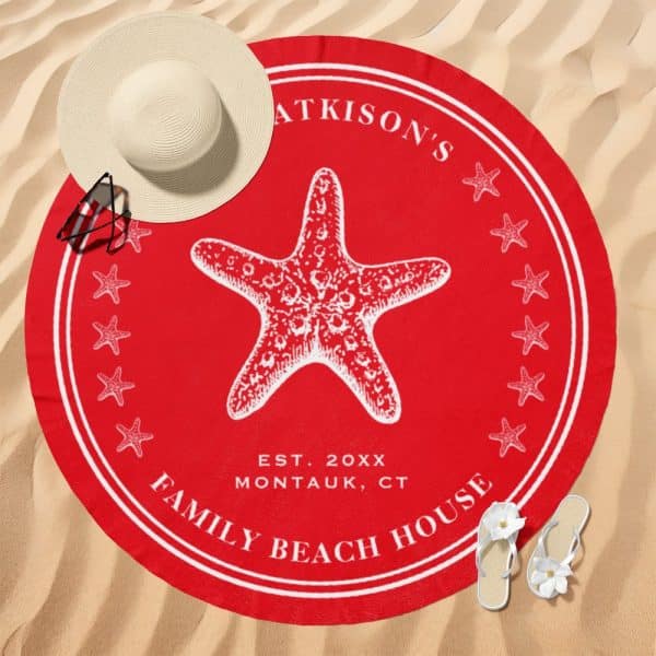 Red Round Beach Towel With A White Starfish And Family Name.