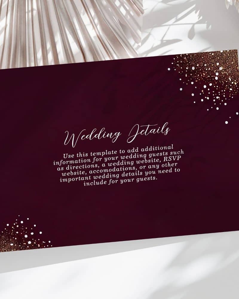 Burgundy wedding details card with gold glitter corner.