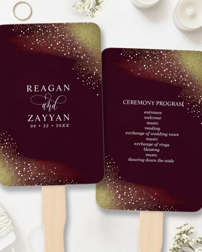 Starry Night Deep Crimson Wedding Program Hand Fan