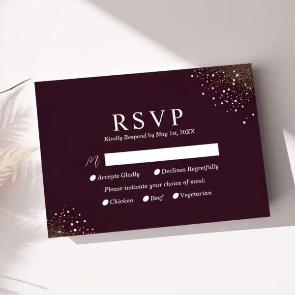Dark Burgundy Rsvp Card With Gold Confetti, Requesting Response By May 1St. Includes Meal Choices.