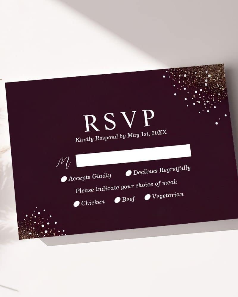 Dark burgundy RSVP card with gold confetti, requesting response by May 1st. Includes meal choices.