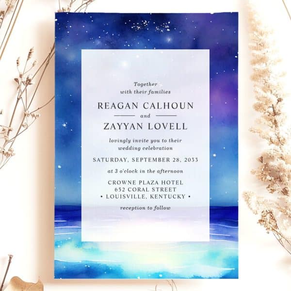 Wedding Invitation With Watercolor Night Sky And Ocean Scene.