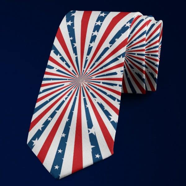 Patriotic Tie With Red And Blue Stripes Radiating From The Center, Interspersed With White Stars.
