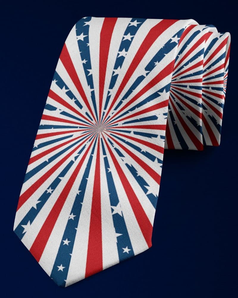 Patriotic tie with red and blue stripes radiating from the center, interspersed with white stars.