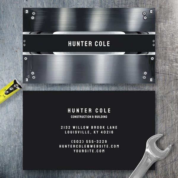 Business Card For Hunter Cole Construction &Amp; Building, Featuring A Brushed Metal Design.