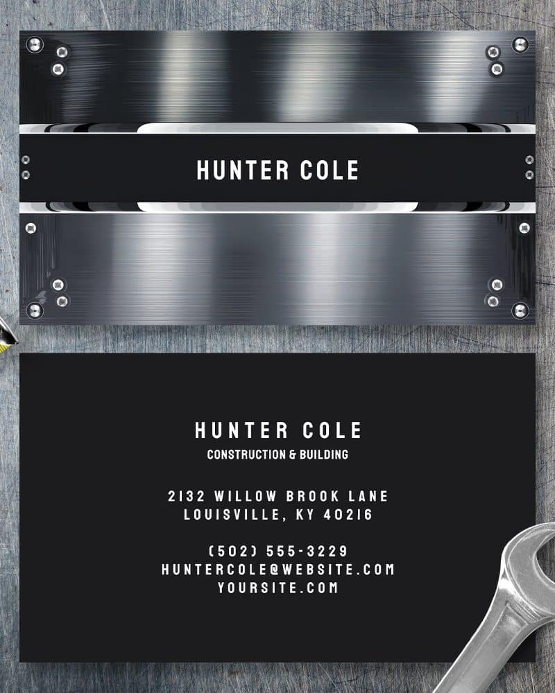 Business card for Hunter Cole Construction & Building, featuring a brushed metal design.