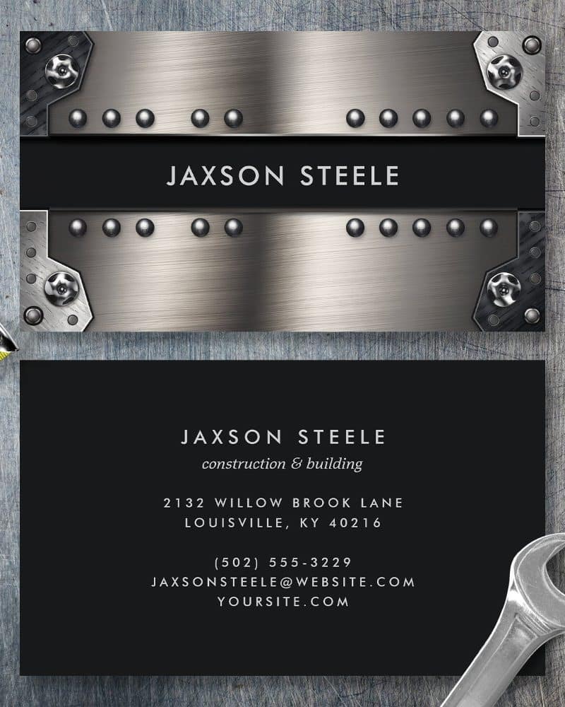 Jaxson Steele construction business card with a brushed metal design.