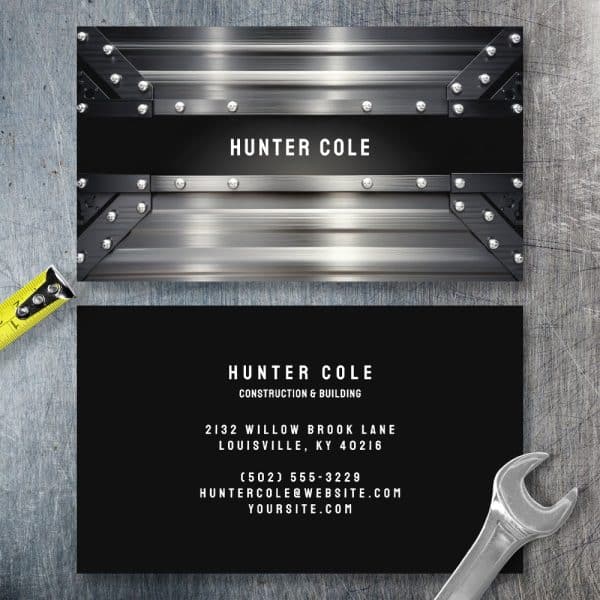 Business Card For Hunter Cole Construction &Amp; Building, Featuring A Metallic Design.