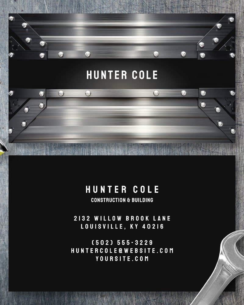 Business card for Hunter Cole Construction & Building, featuring a metallic design.