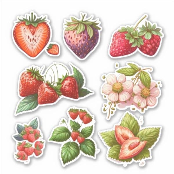 Collection Of Strawberry Stickers, Some Whole, Some Halved, And Some In Clusters On Vines. Also Includes A Few Stickers Of Flowers.