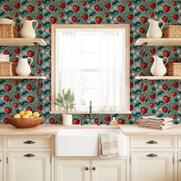 Kitchen With A Teal Strawberry Wallpaper Above A Farmhouse Style Sink And Cabinets.